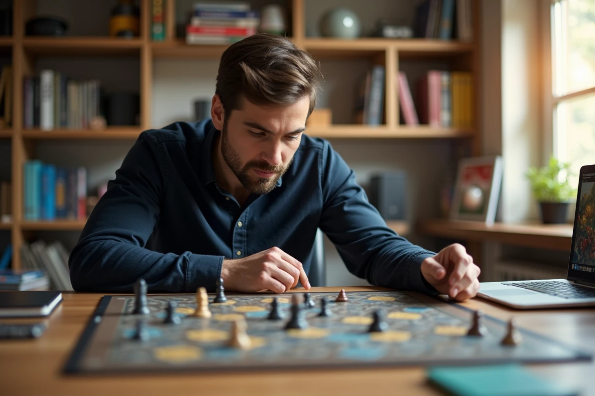Joueur adulte concentré analysant un jeu de stratégie tactique sur plateau hexagonal dans un bureau à domicile