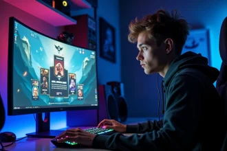 Joueur TFT concentré devant son écran affichant une composition et un tier list pour la soloQ