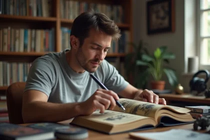 Joueur de Warhammer consultant un livre de règles en français posé sur un bureau avec des figurines non peintes
