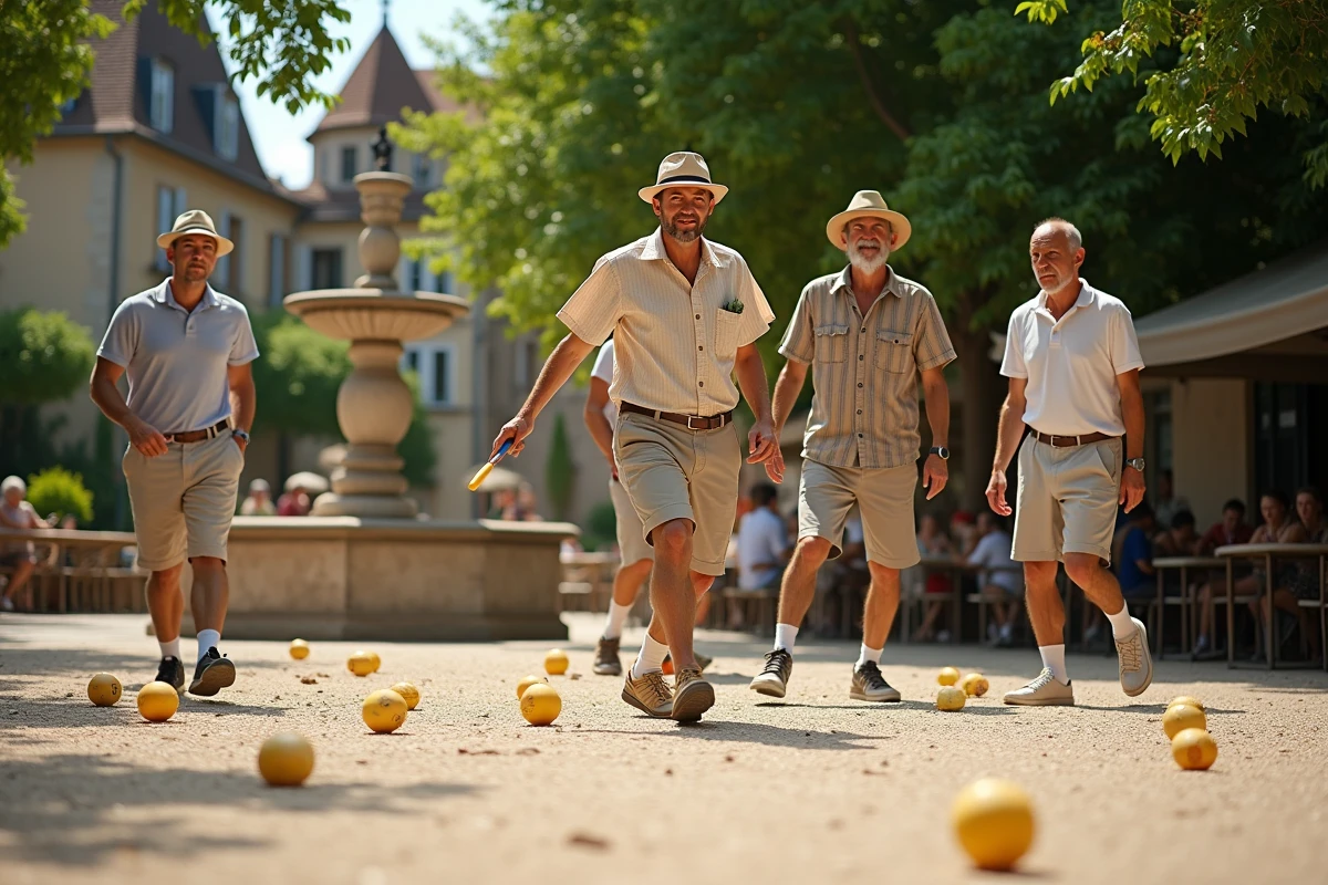 Jeunes et seniors jouant à la pétanque dans une place de village