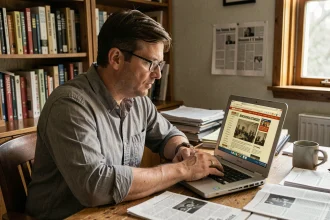 Journaliste consultant l'ancien site Wikio.com sur un ordinateur portable dans un bureau rempli de documents et de livres de presse