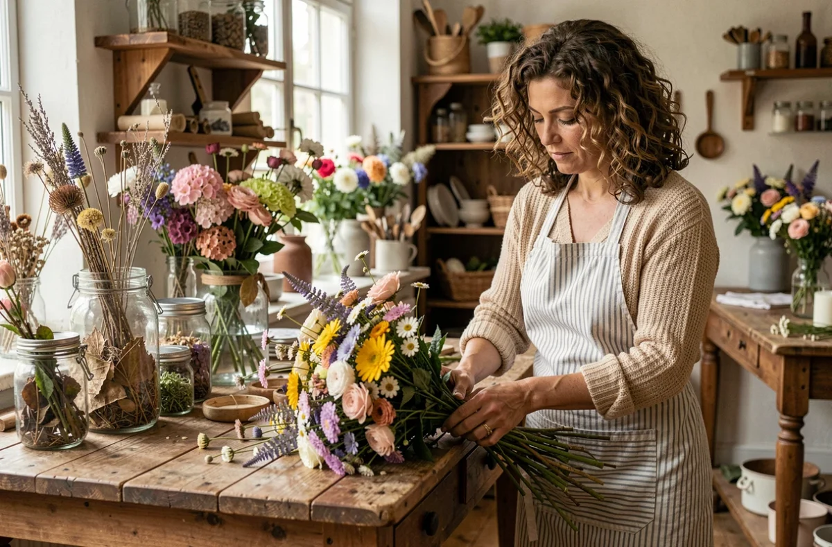 Fleuriste créative de L'Atelier de Caty à Lisle-sur-Tarn confectionnant un bouquet champêtre avec des fleurs sauvages