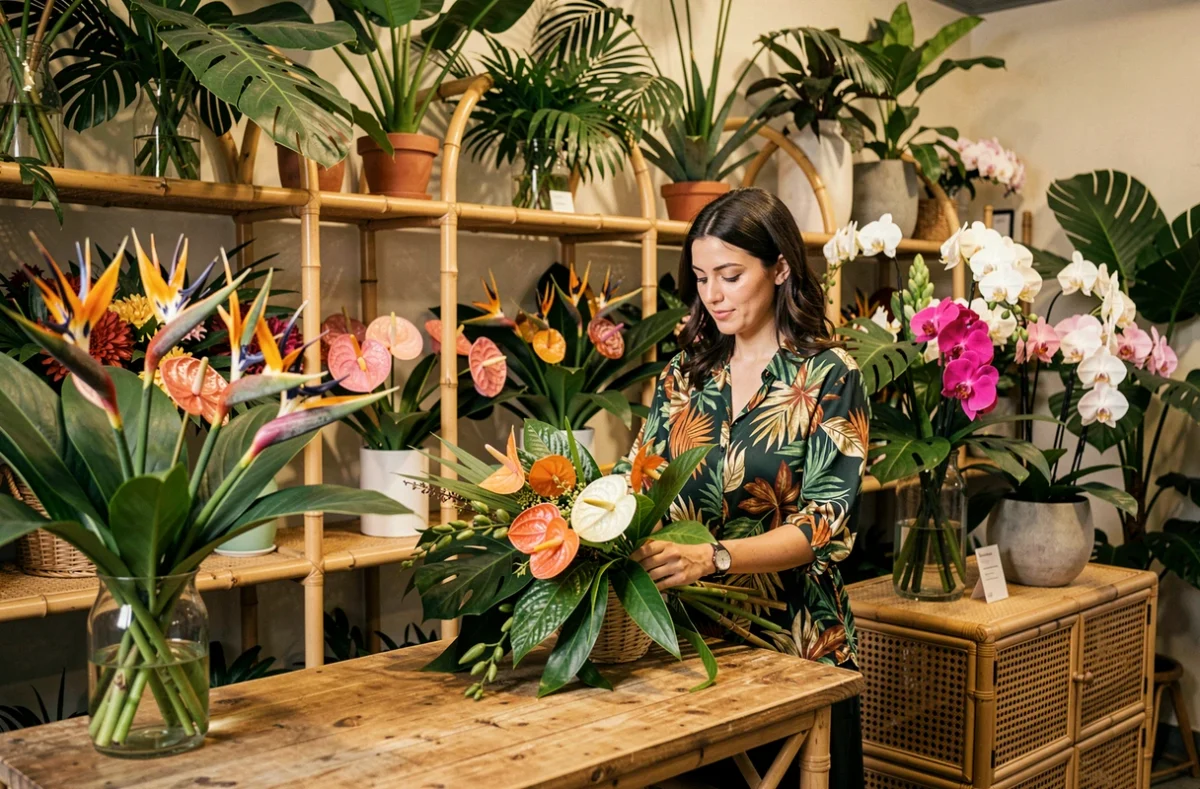 Fleuriste arrangeant un bouquet exotique de strelitzias et d'orchidées dans la boutique L'Exotik à Gaillac