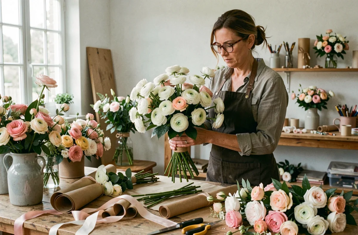 Fleuriste spécialisée de La Fleur sur Mesure à Lavaur confectionnant un bouquet de mariée personnalisé avec des renoncules blanches
