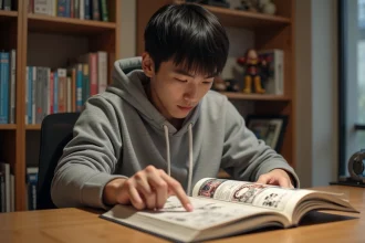 Jeune homme lisant un volume de manga japonais à son bureau avec des étagères de mangas en arrière-plan