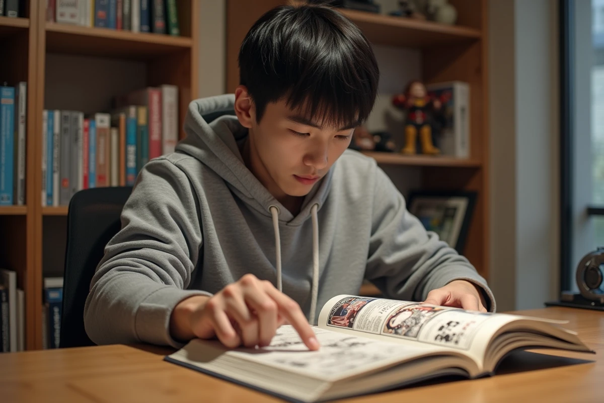 Jeune homme lisant un volume de manga japonais à son bureau avec des étagères de mangas en arrière-plan