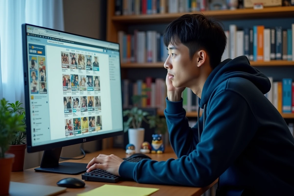 Homme lisant un manhwa sur ordinateur dans un bureau à domicile avec des figurines manga et une plateforme de lecture en ligne ouverte