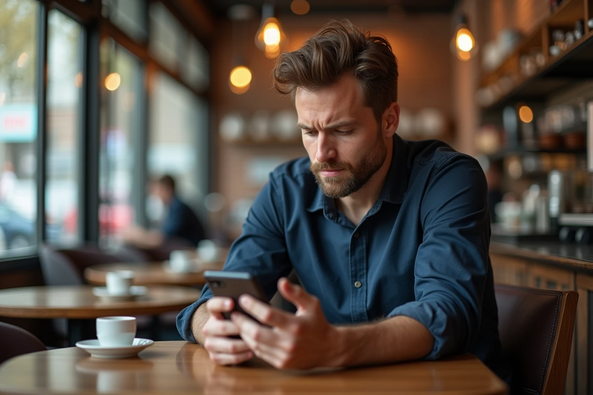 Homme lisant les actualités ACTUTANA sur son smartphone dans un café urbain à l'ambiance chaleureuse