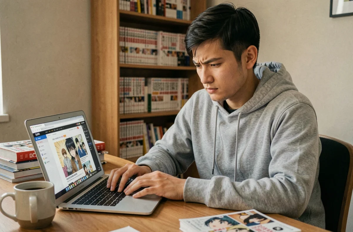 Jeune homme lisant un manga en ligne gratuitement sur son ordinateur portable, illustrant la question de la légalité des sites de lecture gratuite comme Epsilon Scan