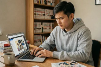 Jeune homme lisant un manga en ligne gratuitement sur son ordinateur portable, illustrant la question de la légalité des sites de lecture gratuite comme Epsilon Scan