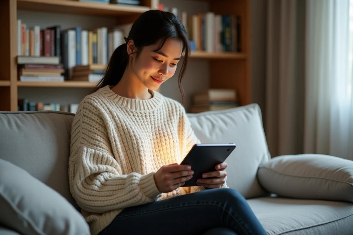 Jeune femme lisant un manhwa en VF sur tablette dans un appartement moderne avec des étagères de manga en arrière-plan