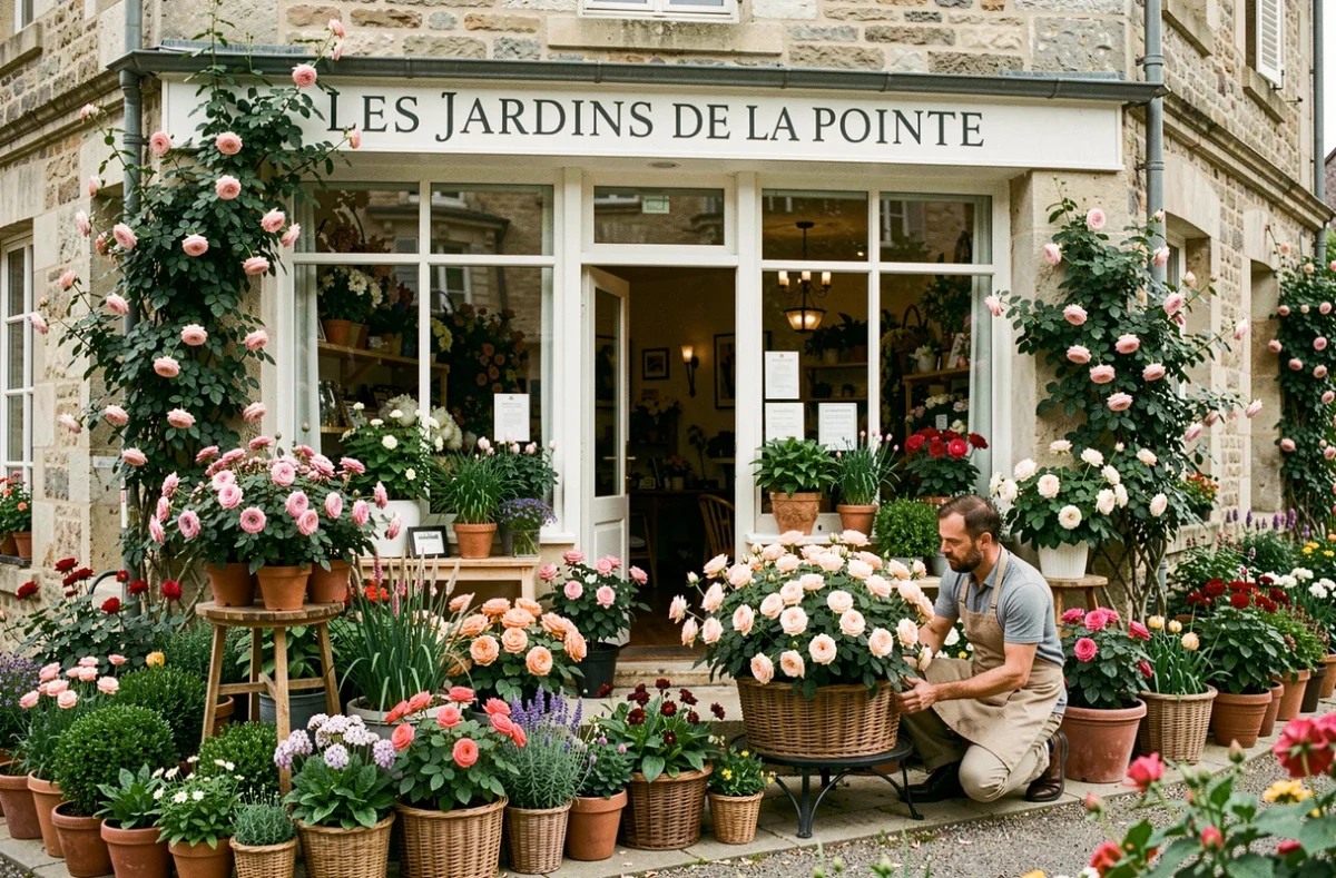 Fleuriste soignant une exposition de roses dans le jardin de la boutique Les Jardins de la Pointe à Saint-Sulpice