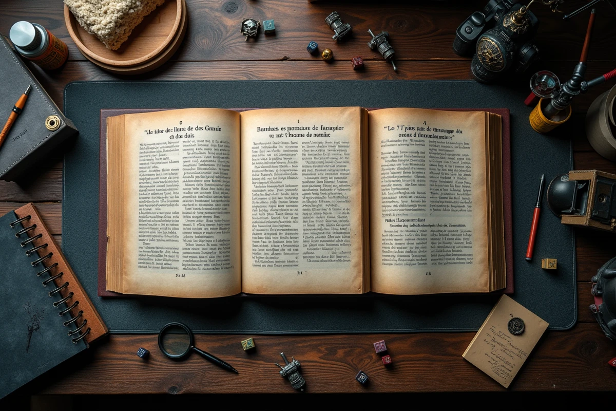 Vue aérienne de livres Warhammer en français ouverts avec des figurines peintes et des notes de collectionneur