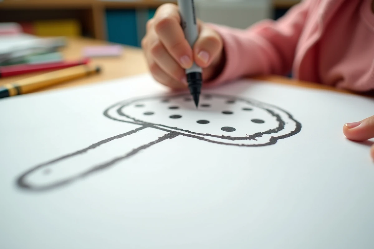 Gros plan sur la main d'un enfant traçant un champignon en pointillés avec un feutre noir sur papier blanc pendant une activité de graphisme en classe