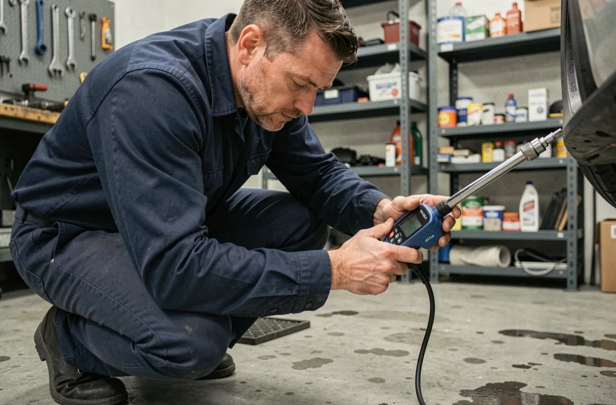 Mécanicien vérifiant la pression des pneus avec un manomètre numérique dans un garage automobile