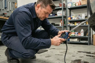 Mécanicien vérifiant la pression des pneus avec un manomètre numérique dans un garage automobile