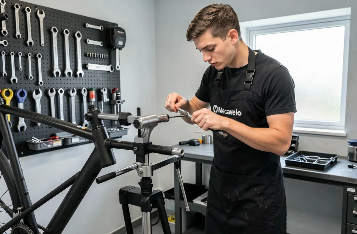 Mécanicien de Mecavelo utilisant une clé dynamométrique pour régler le cintre d'un vélo de route en atelier