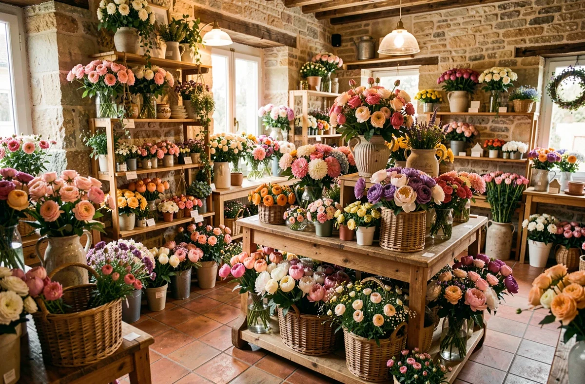 Intérieur d'une fleuriste artisanale dans le Tarn avec des bouquets colorés et des fleurs fraîches disposées sur des tables en bois