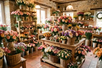Intérieur d'une fleuriste artisanale dans le Tarn avec des bouquets colorés et des fleurs fraîches disposées sur des tables en bois