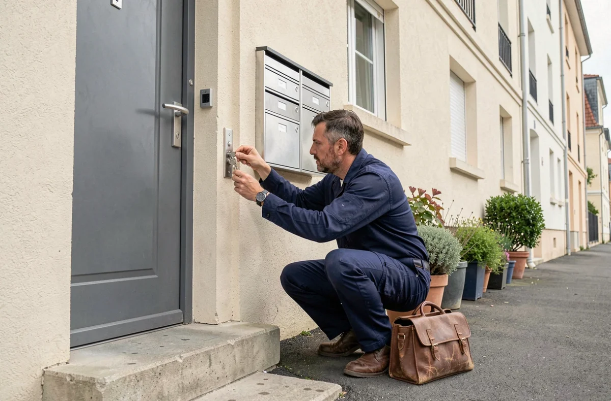 Serrurier professionnel en intervention devant un immeuble résidentiel à Vitry-sur-Seine