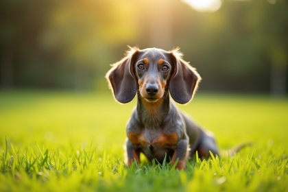 Merle dachshund assis dans un parc ensoleille