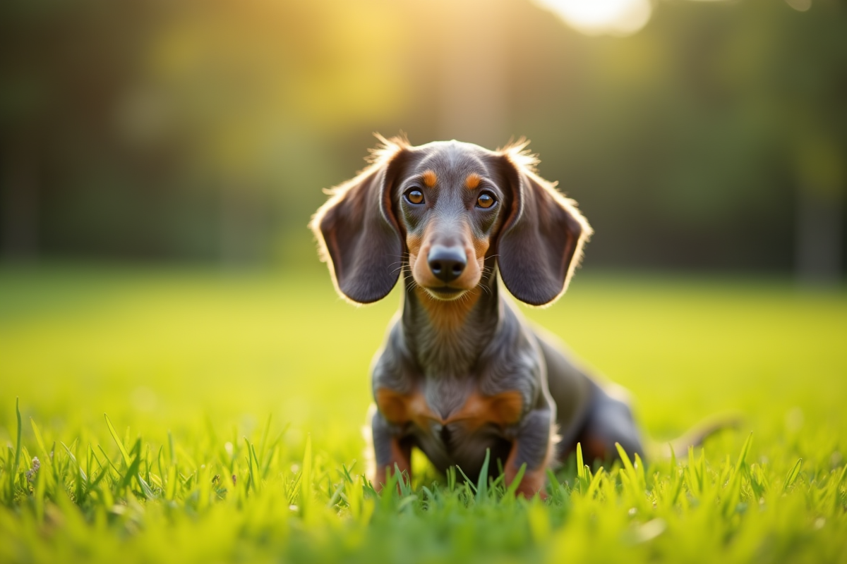Merle dachshund assis dans un parc ensoleille