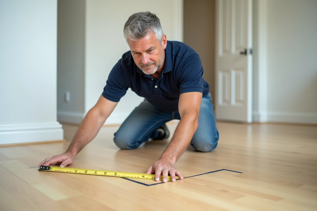 Homme mesurant les dimensions d'un rectangle au sol en mètres avec un mètre ruban pour calculer une surface