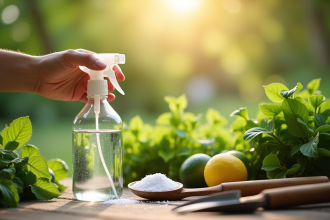 Main mélangeant vinaigre et sel dans un vaporisateur vert