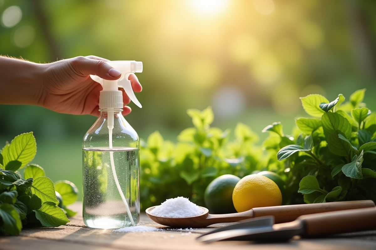Main mélangeant vinaigre et sel dans un vaporisateur vert