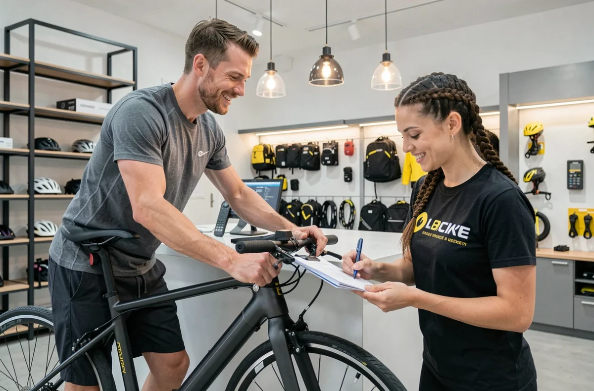 Client déposant son vélo de ville pour réparation chez Mode Cyclable avec une technicienne prenant en charge le service