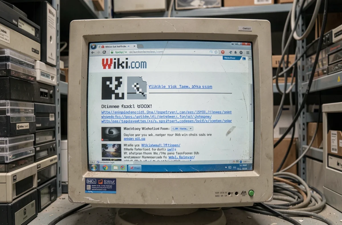 Ancien moniteur d'ordinateur affichant le site Wikio.com figé dans le temps, entouré de matériel informatique obsolète dans une salle d'archives