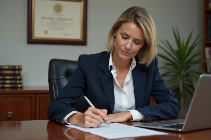 Femme notaire en blazer navy dans son bureau professionnel