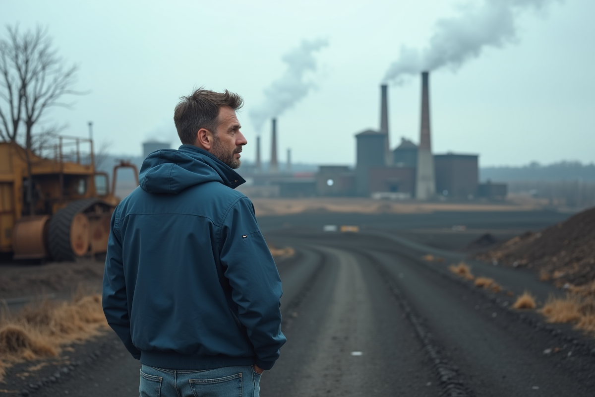 Homme en veste bleue dans un site industriel dégradé