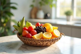 Panier de fruits colorés sur table en marbre blanc