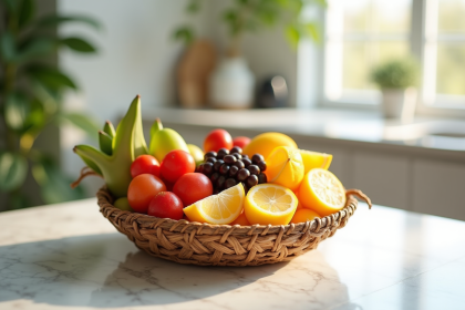 Panier de fruits colorés sur table en marbre blanc