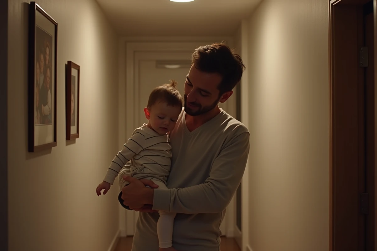 Père portant son enfant endormi dans le couloir