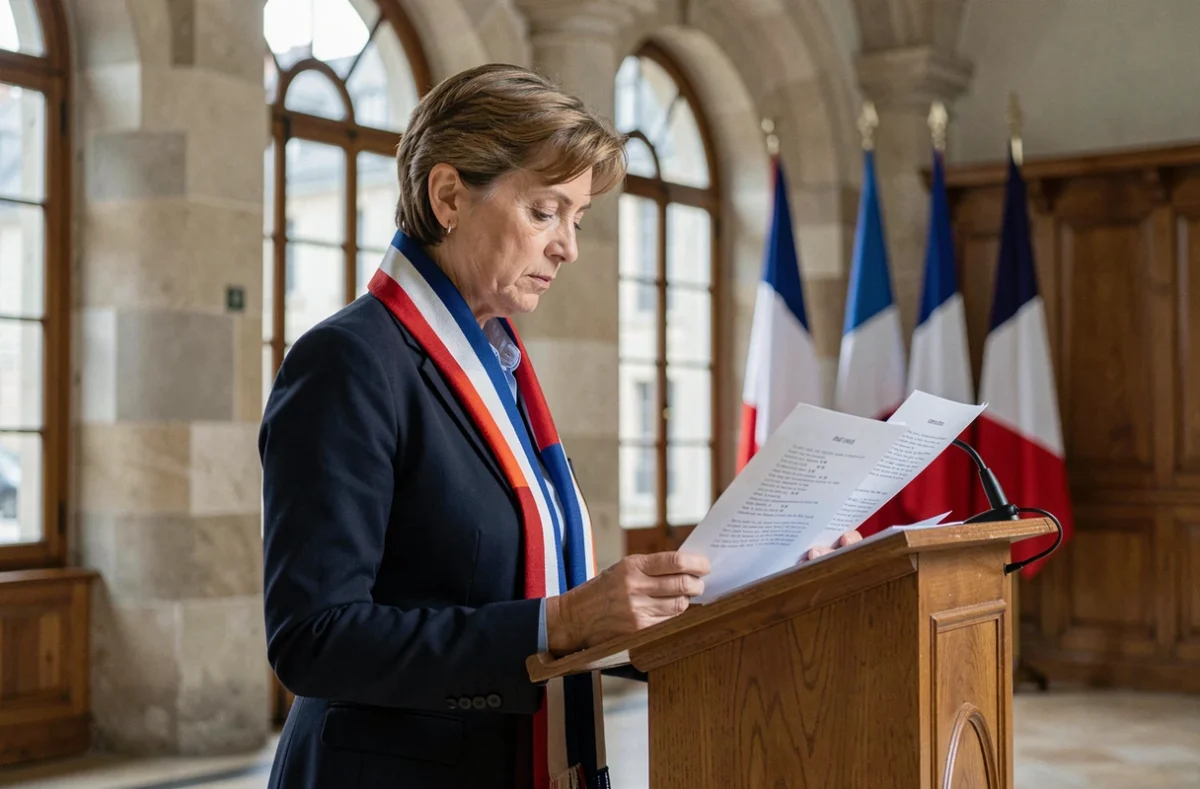 Femme française en blazer marine lisant les paroles de La Marseillaise à un pupitre dans une salle municipale ornée de drapeaux tricolores