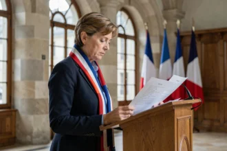 Femme française en blazer marine lisant les paroles de La Marseillaise à un pupitre dans une salle municipale ornée de drapeaux tricolores