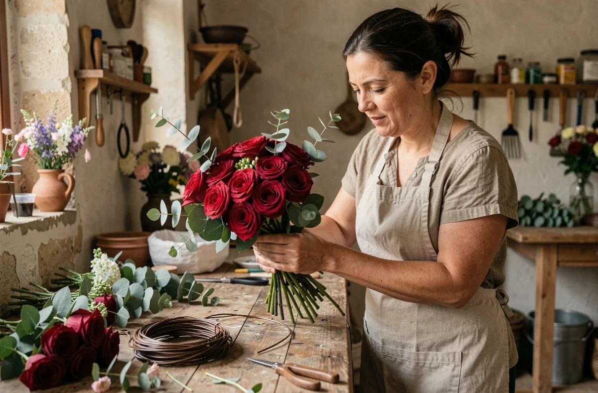 Fleuriste artisane à Carmaux arrangeant un bouquet de roses rouges avec soin dans son atelier