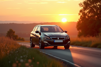 Peugeot 308 station wagon au lever du soleil en campagne