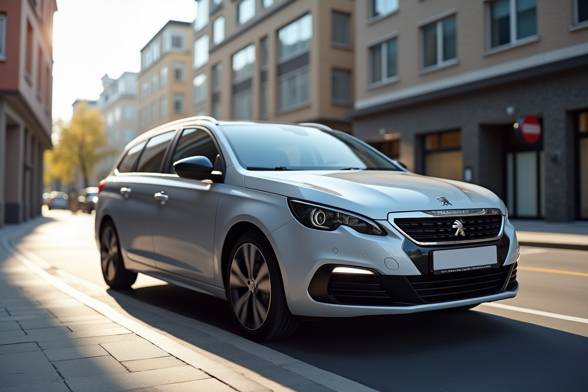 Peugeot 308 station wagon en ville en profil en plein jour