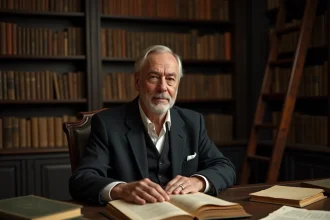 Philosophe érudit assiégé de livres anciens étudiant une citation philosophique sur la nature humaine dans une bibliothèque historique