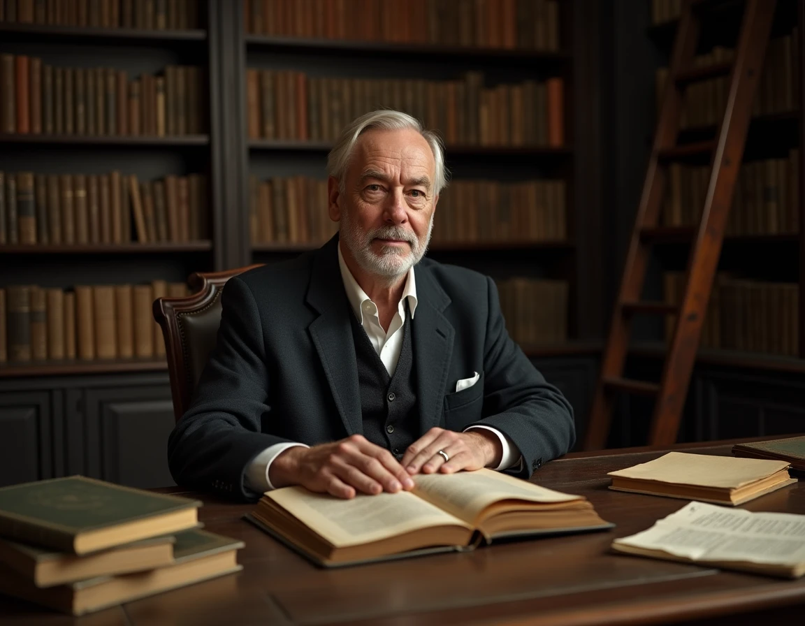 Philosophe érudit assiégé de livres anciens étudiant une citation philosophique sur la nature humaine dans une bibliothèque historique
