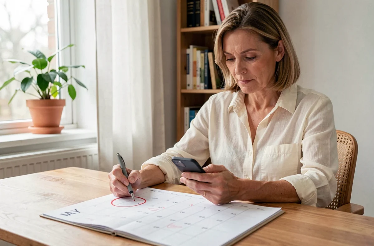 Femme planifiant ses congés et RTT sur un calendrier de mai posé sur un bureau en bois à domicile