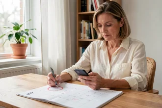 Femme planifiant ses congés et RTT sur un calendrier de mai posé sur un bureau en bois à domicile