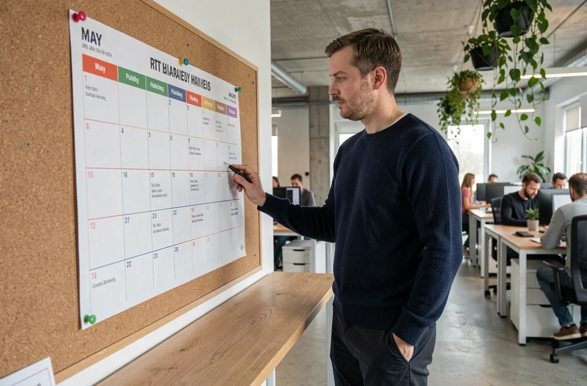 Homme consultant un planning annuel avec les jours fériés de mai épinglés sur un tableau liège dans un bureau moderne