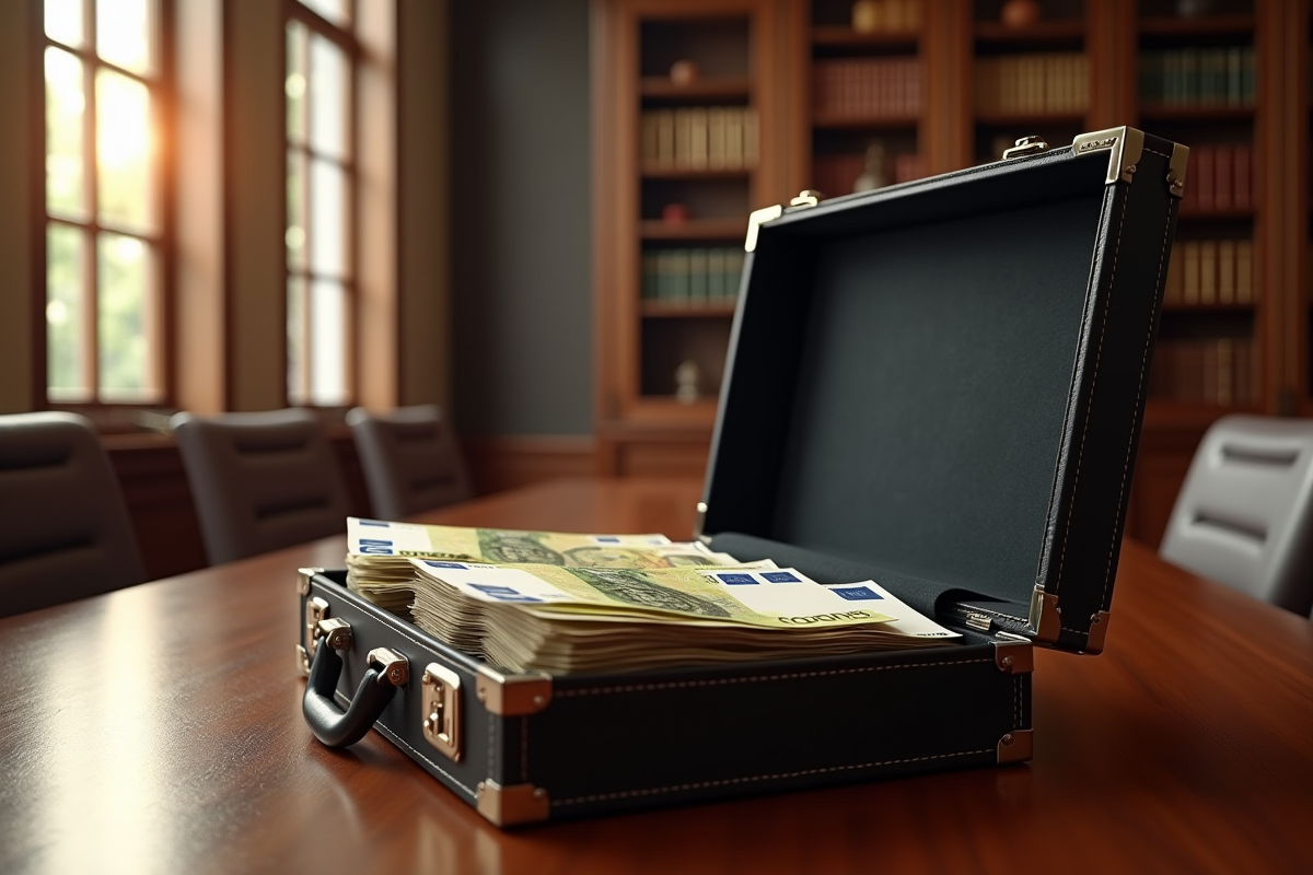 Porte-documents rempli de billets euro dans un cabinet de luxe