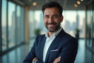 Portrait éditorial d'un homme d'affaires d'origine moyen-orientale dans un bureau moderne avec vue sur la ville