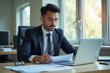 Professionnel en costume examinant des documents fiscaux dans un bureau lumineux