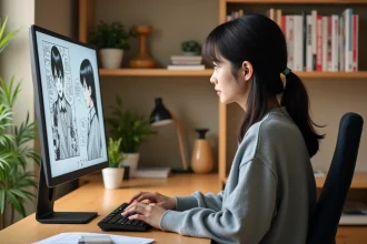 Jeune femme comparant la qualité d'image de scans manga sur un grand moniteur PC dans un bureau moderne